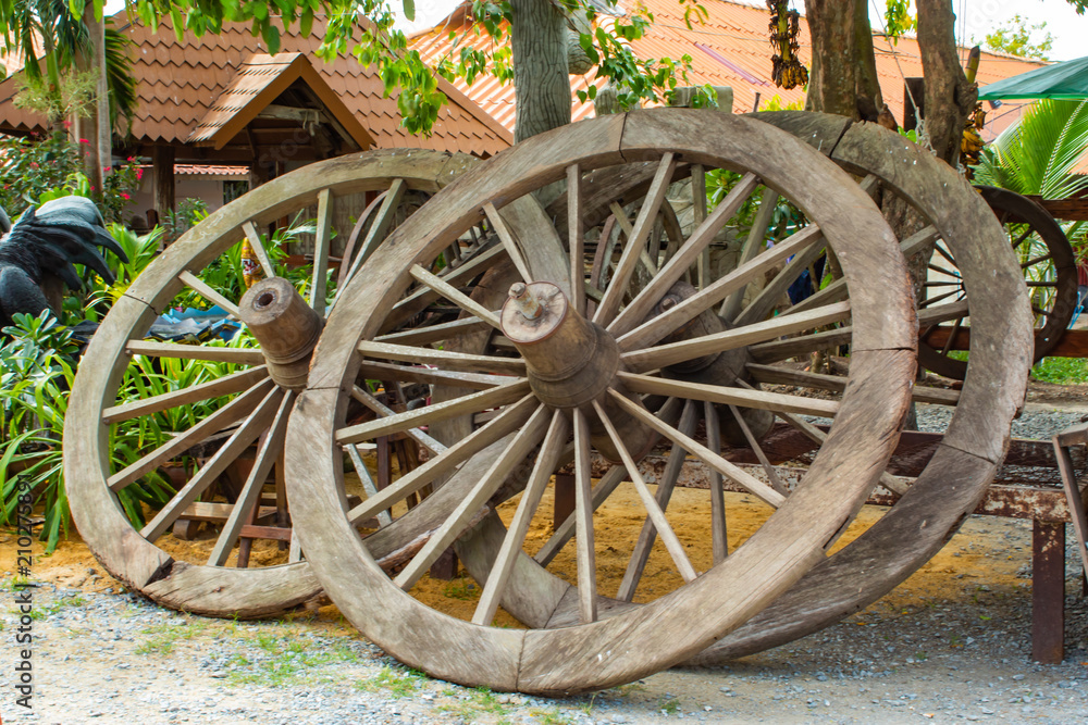 The old wooden wagon wheels