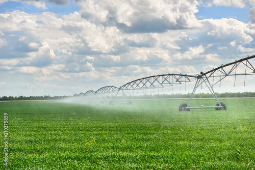 irrigation machine watering agricultural field with young sprouts, green plants on black soil and beautiful sky