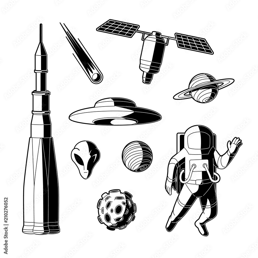 Vetor de Outer space vector objects and writings. Alien, ufo, planets,  comet, satellite, solar system, meteorite, stars, rocket and other space  icons. Cute, simple black outlined, hand drawn galaxy set. do Stock