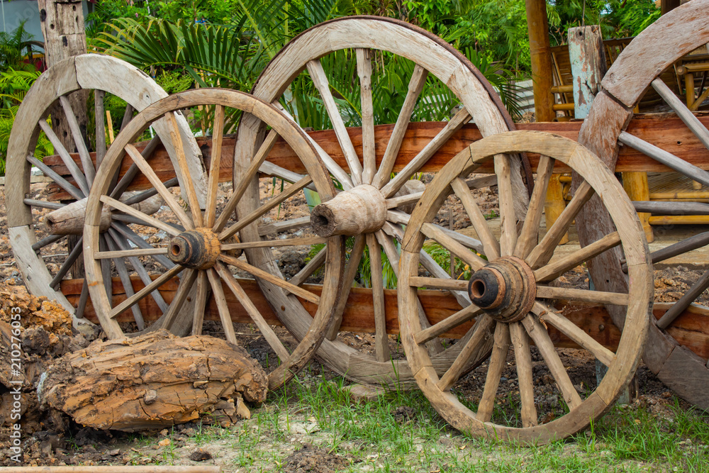 The old wooden wagon wheels