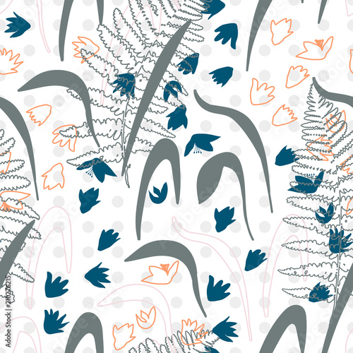 Vector floral seamless pattern with hand drawn scilla or snowdrop flowers and fern leaves. Modern decorative background in pastel colors.