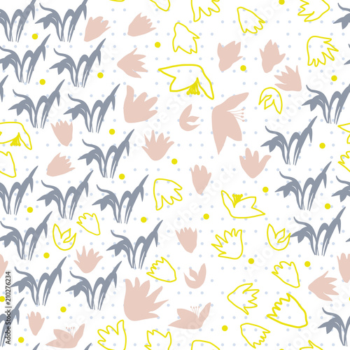 Vector floral seamless pattern with hand drawn scilla or snowdrop flowers and leaves. Modern decorative background in pastel colors.