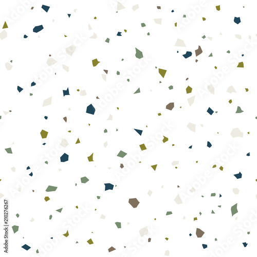 Terrazzo flooring textured surface modern abstract pattern. Vector seamless abstract repeat with chips of marble or granite in soft pastel  colors.