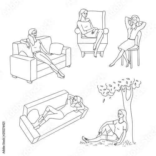 Young slim woman resting set. Female characters lying, sitting at sofa, armchair and chair, and under tree outdoors having rest, relaxing. Sketch pretty girls resting. Vector monochrome illustration