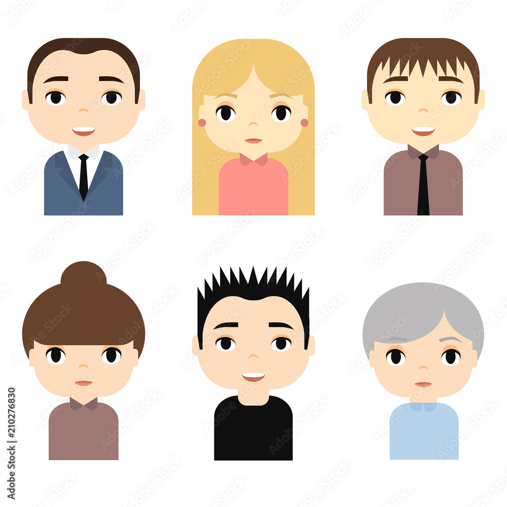 Man and Woman Avatars Set with Smiling faces. Female Male Cartoon Characters. Businessman Businesswoman. Beautiful People Icons. Man and Woman Avatars Set with Smiling faces. Female Male Cartoon Characters. Businessman Businesswoman. Beautiful People Icons.