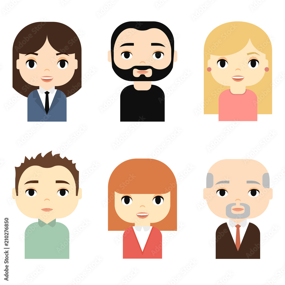 Man and Woman Avatars Set with Smiling faces. Female Male Cartoon Characters. Businessman Businesswoman. Beautiful People Icons. Man and Woman Avatars Set with Smiling faces. Female Male Cartoon Characters. Businessman Businesswoman. Beautiful People Icons.