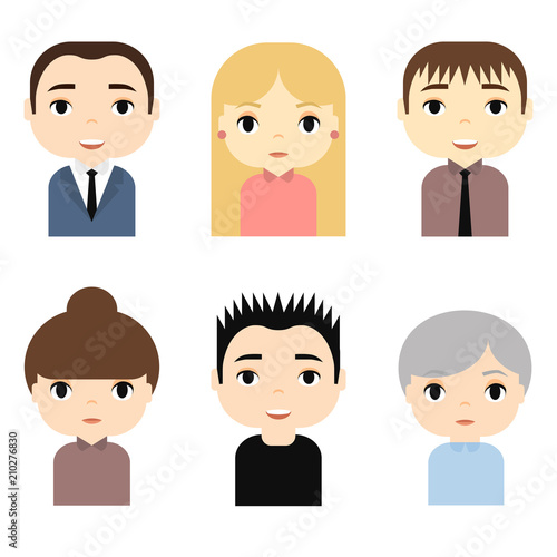 Man and Woman Avatars Set with Smiling faces. Female Male Cartoon Characters. Businessman Businesswoman. Beautiful People Icons. © krolja