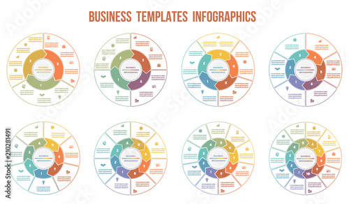 Circle arrows Infographics. Templates for  3, 4, 5, 6, 7, 8, 9, 10 positions.