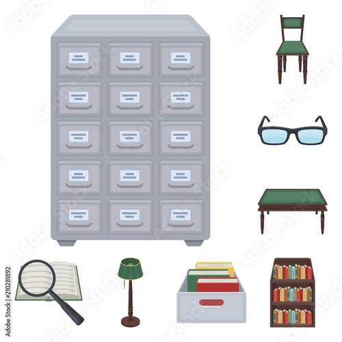 Library and bookstore cartoon icons in set collection for design. Books and furnishings vector symbol stock web illustration.