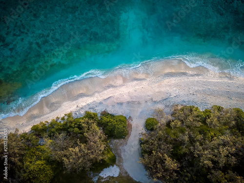 Aerial view of the beach of Lady Elliot Island near the lighthouse at sunset. The island is the first island of the great barrier reef. © Nicolas Faramaz