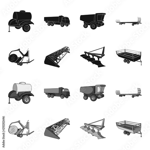 Plow, combine thresher, trailer and other agricultural devices. Agricultural machinery set collection icons in black,monochrome style vector symbol stock illustration web.