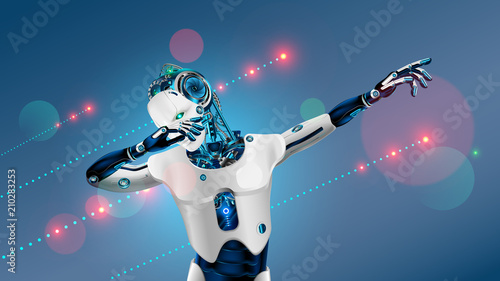 Robot or cyborg dabbing on party. Android in dab pose. Cybernetic man with artificial intelligence dance in nightclub techno or electronic music. 3d Robot have bionic face, hands and body. photo