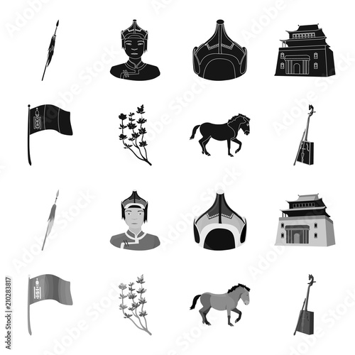 National flag, horse, musical instrument, steppe plant. Mongolia set collection icons in black,monochrome style vector symbol stock illustration web.