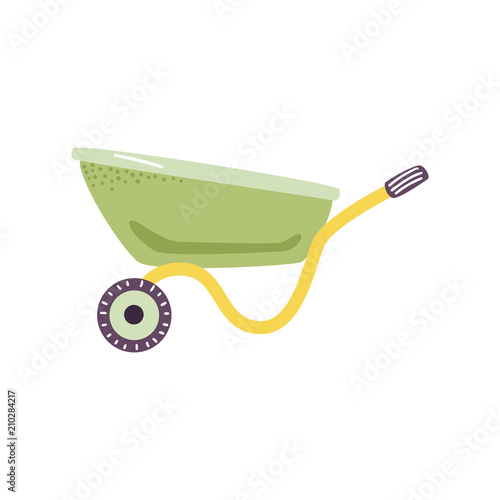 Empty green wheelbarrow cart in flat style - cute symbol of farm gardening tool for carriage of cargoes isolated on white background. Vector illustration of handle agricultural equipment.