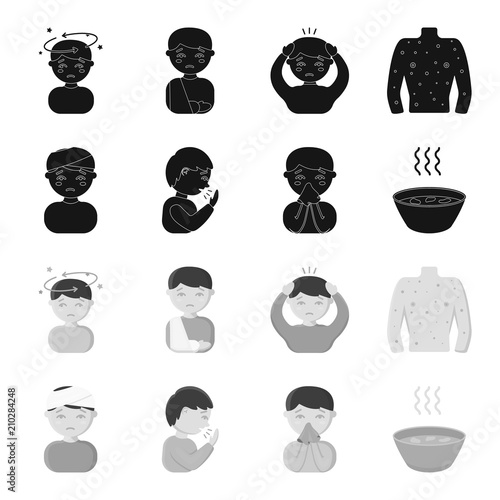 A man with a bandaged head, a man coughing, a man snorts a snot, a bowl, a bowl of hot broth into a handkerchief. Sick set collection icons in black,monochrome style vector symbol stock illustration