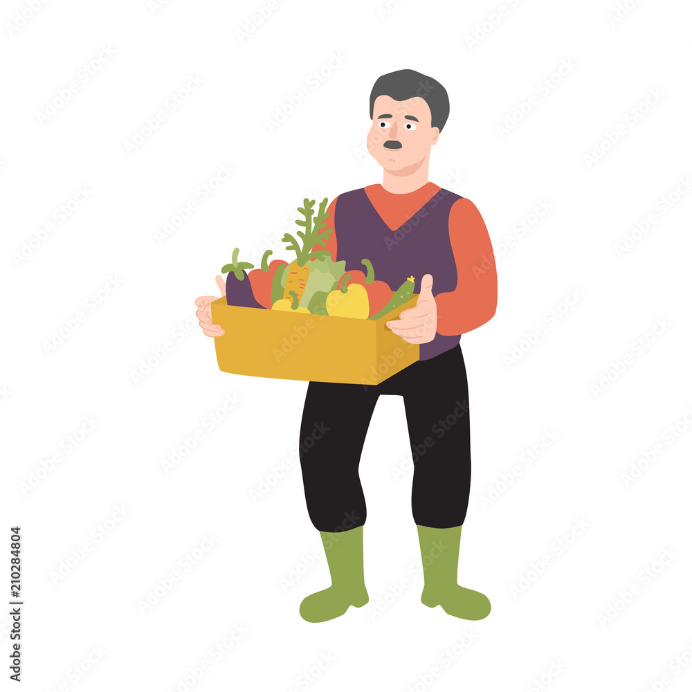 Flat farmer man in professional uniform - rubber boots, overalls standing with harvest vegetables box. Agricultural occupation male worker, rural agrarian. Vector isolated character illustration Flat farmer man in professional uniform - rubber boots, overalls standing with harvest vegetables box. Agricultural occupation male worker, rural agrarian. Vector isolated character illustration