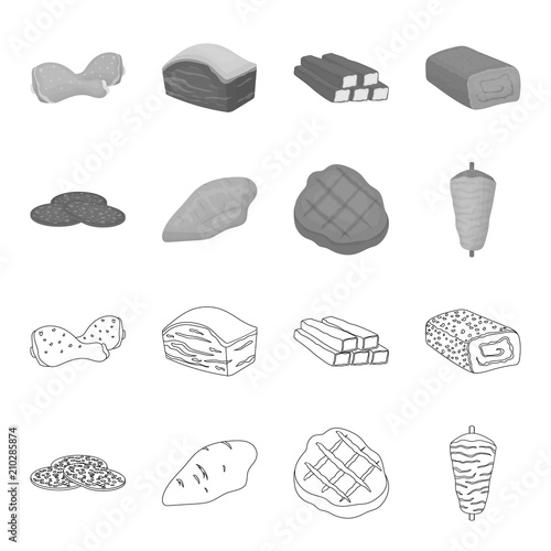 Pieces of salami, turkey fillet, grilled steak, kebab.Meat set collection icons in outline,monochrome style vector symbol stock illustration web.