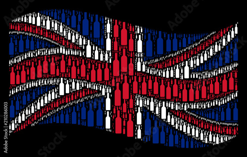 Waving United Kingdom state flag on a black background. Vector wine bottle pictograms are grouped into conceptual British flag composition. Patriotic illustration made of wine bottle icons.