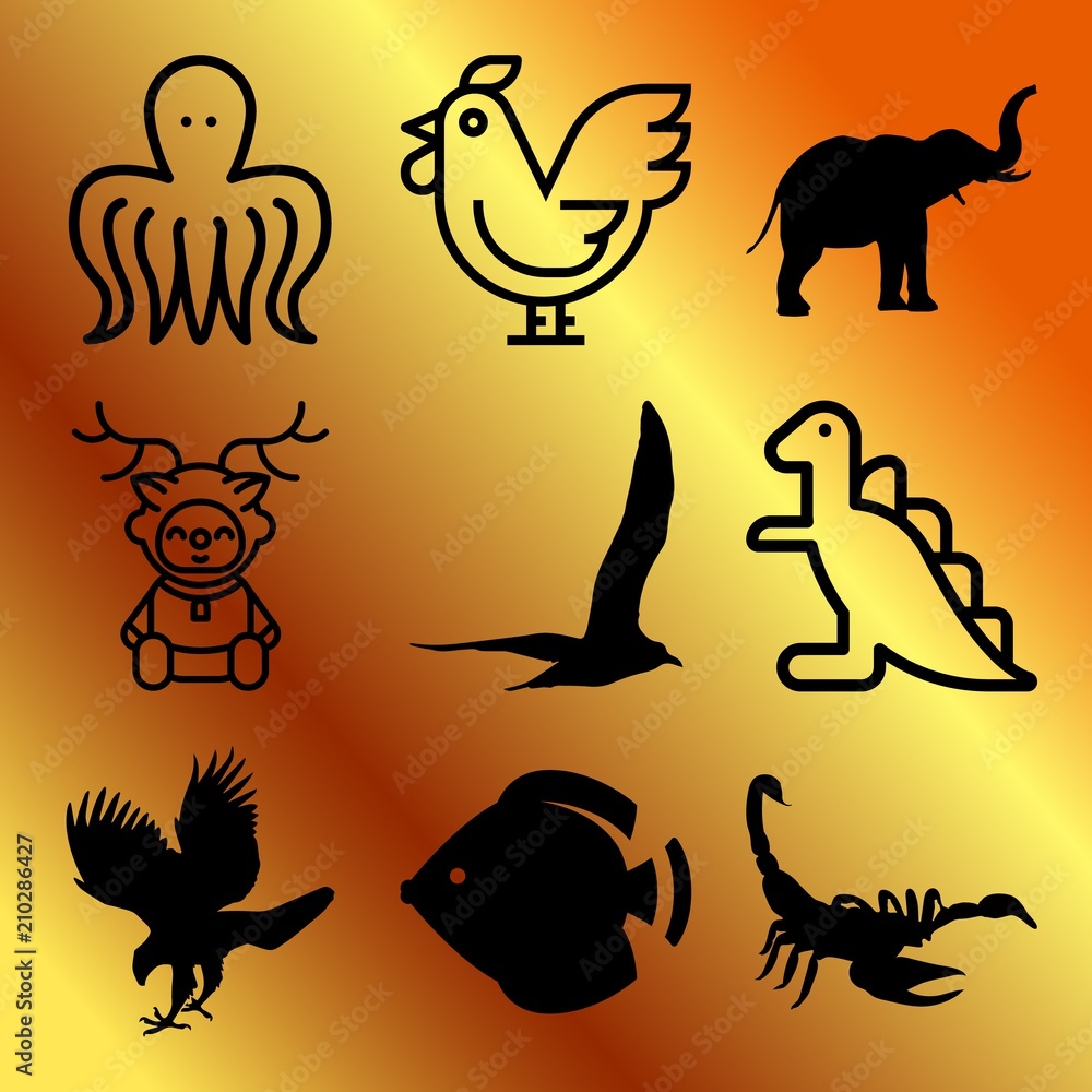 Vector icon set  about animals with 9 icons related to shirt, swim, flight, horoscope and roasted