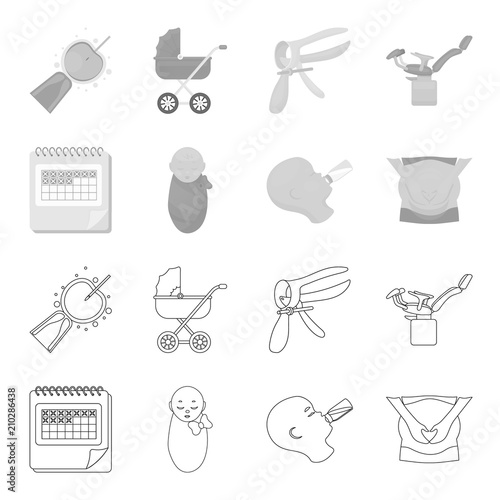 Calendar, newborn, stomach massage, artificial feeding. Pregnancy set collection icons in outline,monochrome style vector symbol stock illustration web.