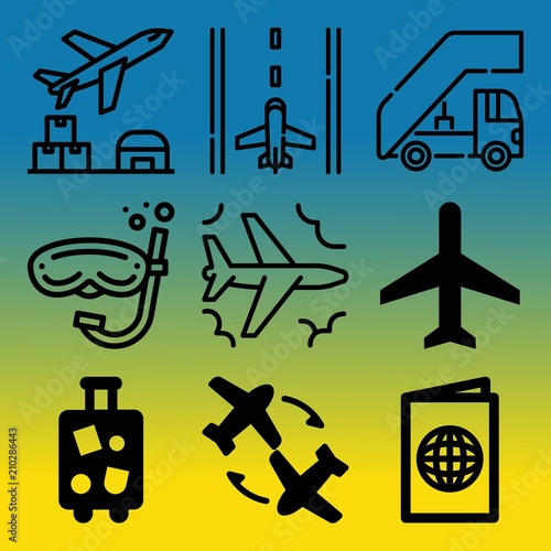 Vector icon set  about airport with 9 icons related to walk, cruise, vector, emigration and people