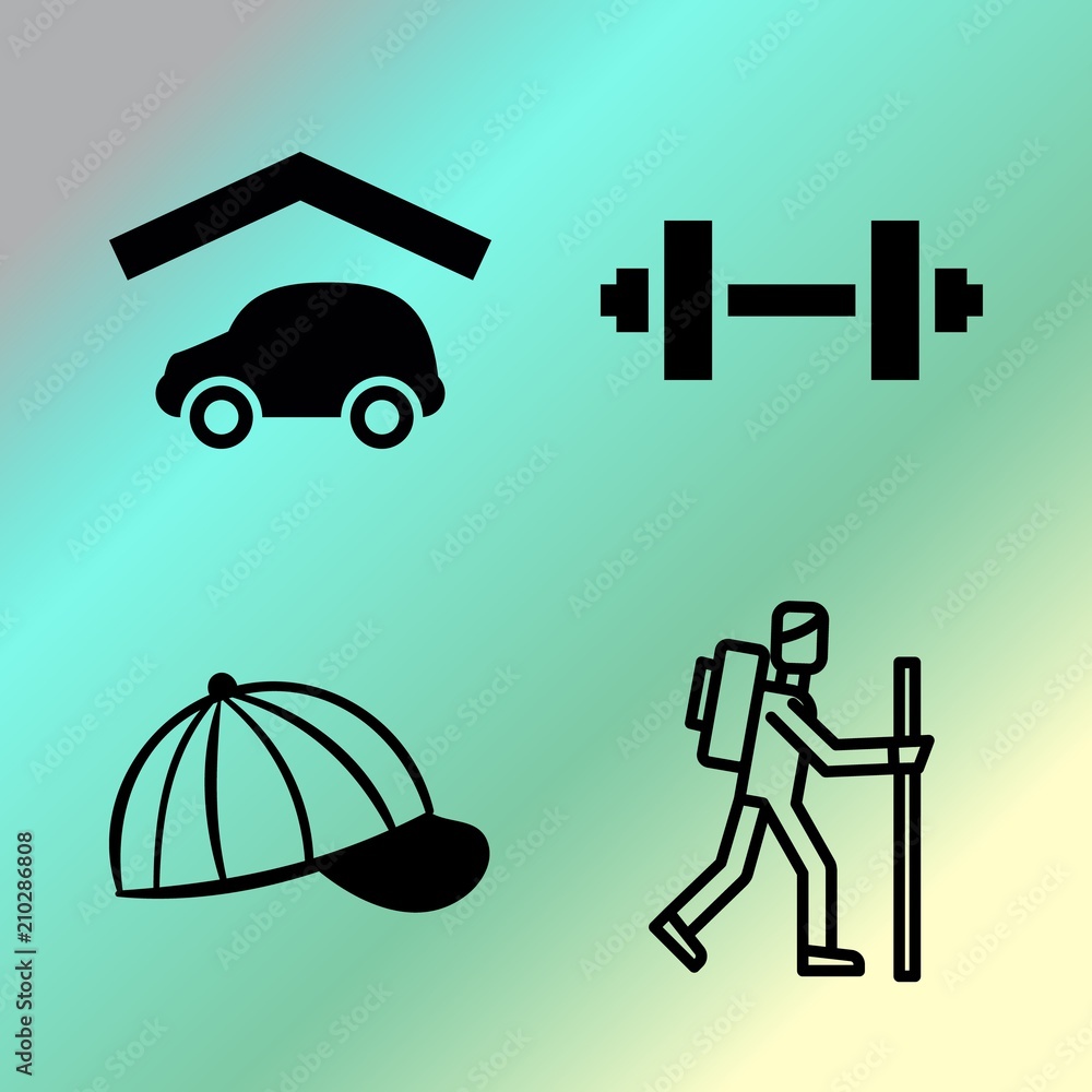 Vector icon set  about fitness and sport with 4 icons related to shape, traveler, hike, standing and roof rack