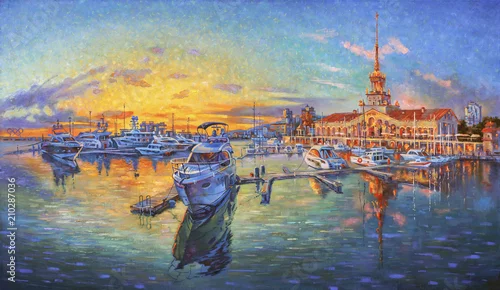 Fototapeta samoprzylepna Obraz olejny na płótnie. Wieczór w porcie morskim. Krajobraz architektoniczny ukochanego miasta Soczi. Autor: Nikolay Sivenkov.