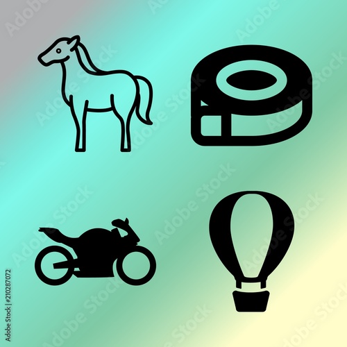 Vector icon set about fitness and sport with 4 icons related to steel, yellow, length, construction and motorbike