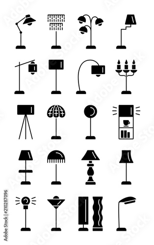 Floor lamps. Set of standing light fixtures for home and office. Flat icon collection.