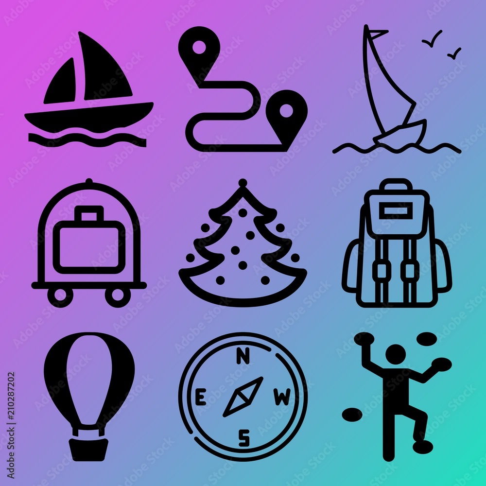 Fototapeta premium Vector icon set about adventure with 9 icons related to sunset, basket, nature, concept and luggage