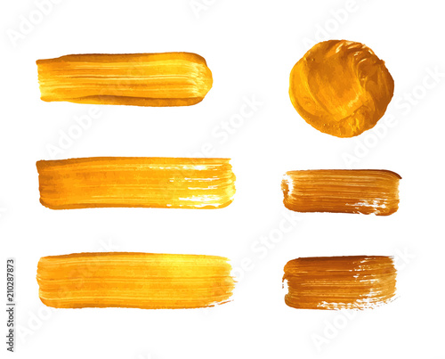 Vector Set of Gold Paint Smears, Golden Brush Strokes Background.
