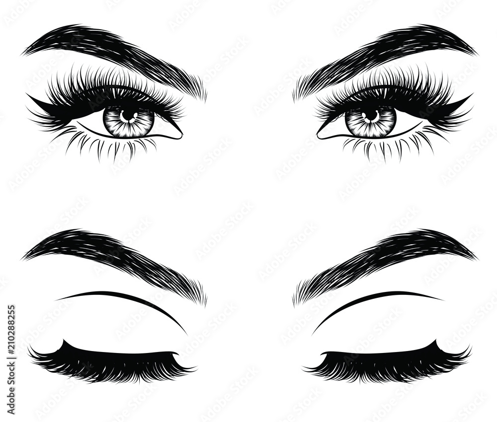 Fototapeta premium Hand-drawn woman's sexy makeup look with perfectly perfectly shaped eyebrows and extra full lashes. Idea for business visit card, typography vector. Perfect salon look