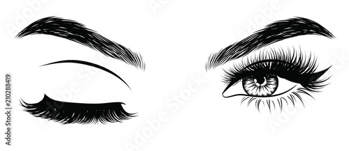 Sexy winking luxurious eye with perfectly shaped eyebrows and full lashes. Idea for business visit card, typography vector. Perfect salon look.