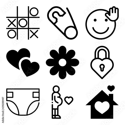 Vector icon set  about love with 9 icons related to style, decoration, challenge, bed and expectant