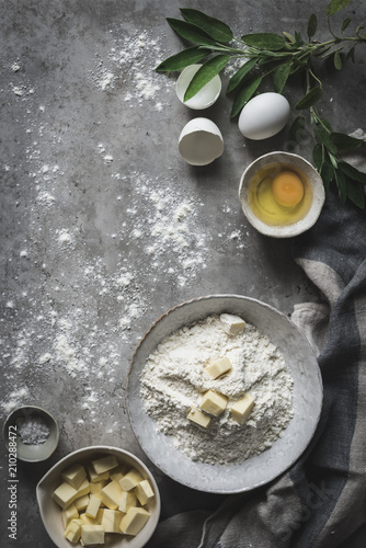 Arranged ingredients of dough making process photo