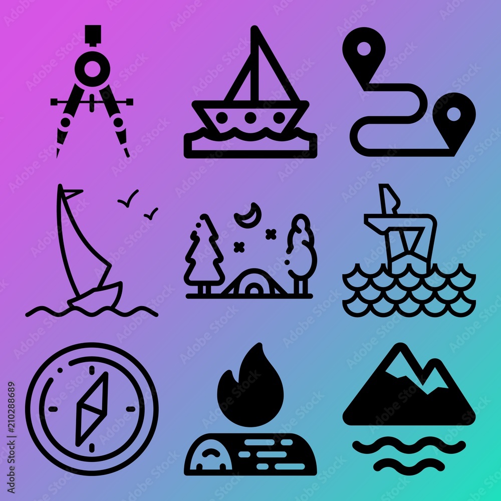 Vector icon set about adventure with 9 icons related to ice, lake, horizon, reef and peak Vector icon set about adventure with 9 icons related to ice, lake, horizon, reef and peak