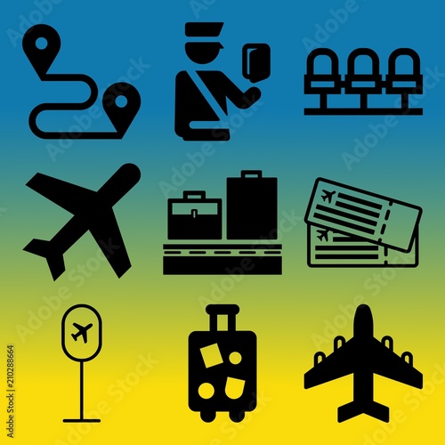 Vector icon set  about airport with 9 icons related to concept, sign, tourist, trolley and flight
