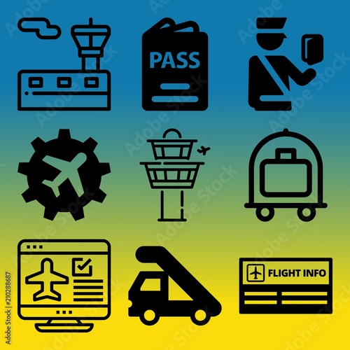 Vector icon set  about airport with 9 icons related to atmosphere, flat, person, journey and empty