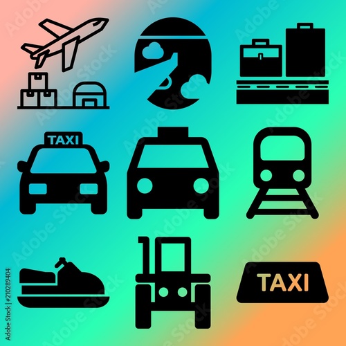 Vector icon set  about transport with 9 icons related to stand, vehicle, taxi, dock and action