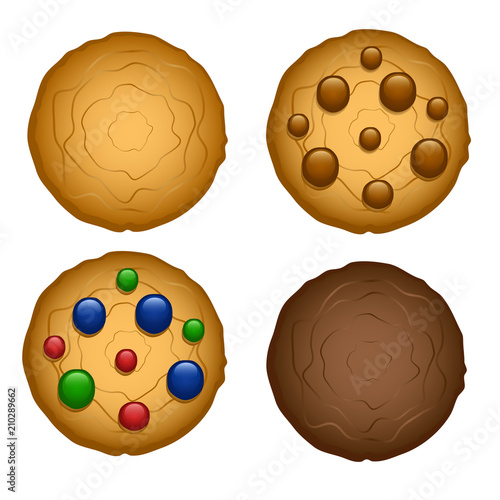 Set of Oatmeal cookies with chocolate chip and candy isolated on white background.