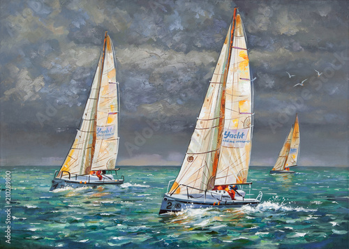 Regatta. Yachts coming to the finish. Oil painting on canvas. Author: Nikolay Sivenkov.