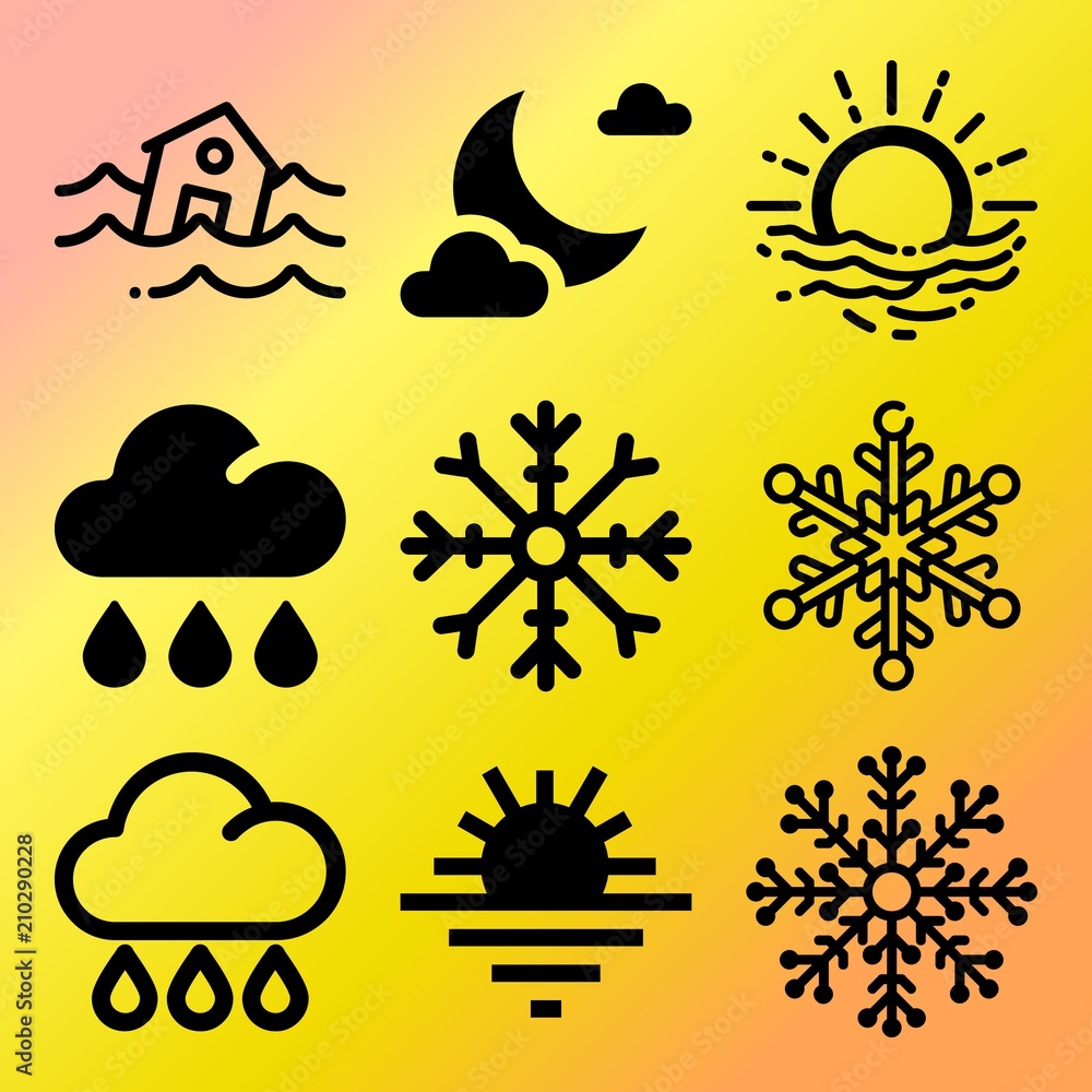 Vector icon set about weather with 9 icons related to moon, xmas, town, disaster and barrier Vector icon set about weather with 9 icons related to moon, xmas, town, disaster and barrier