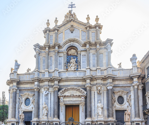 Fragment of façade of Catania Cathedral (Italian: Duomo di Sant'Agata), dedicated to Saint Agatha.It is an example of Sicilian Baroque architecture.  © stepmar
