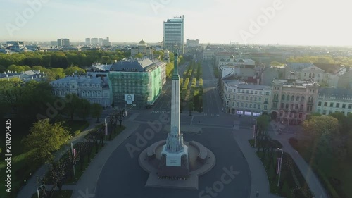 Riga city sunset in Old Down Town near Milda monument Drone flight photo
