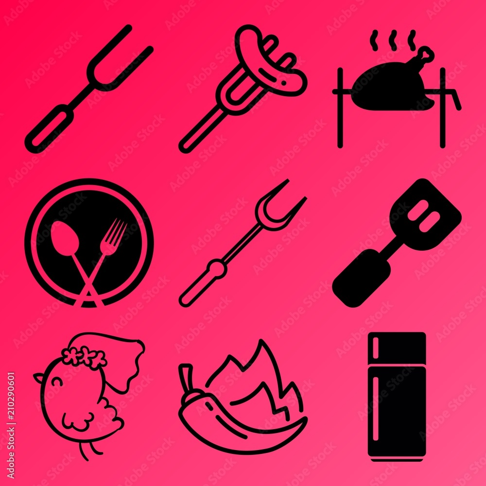Fototapeta premium Vector icon set about kitchen with 9 icons related to knife, spice, business, vegetable and diet