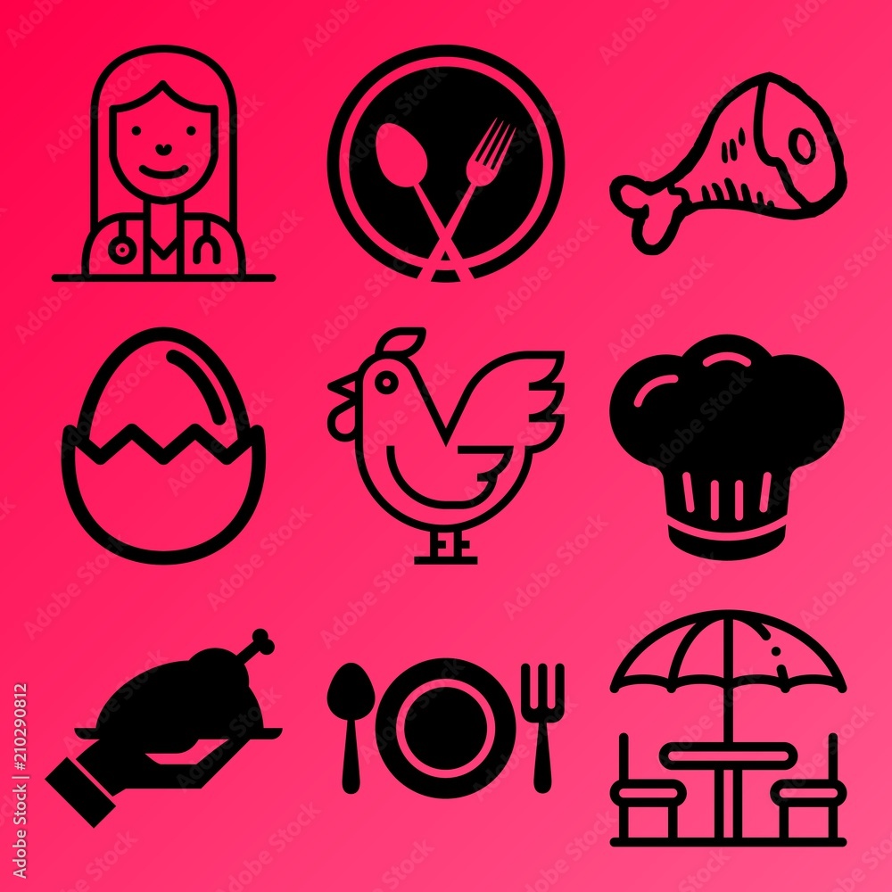 Vector icon set  about kitchen with 9 icons related to nuts, surgery, collection, cooked and cereal