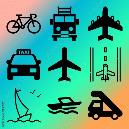 Vector icon set about transport with 9 icons related to vector, yachting, light, turbine and luggage