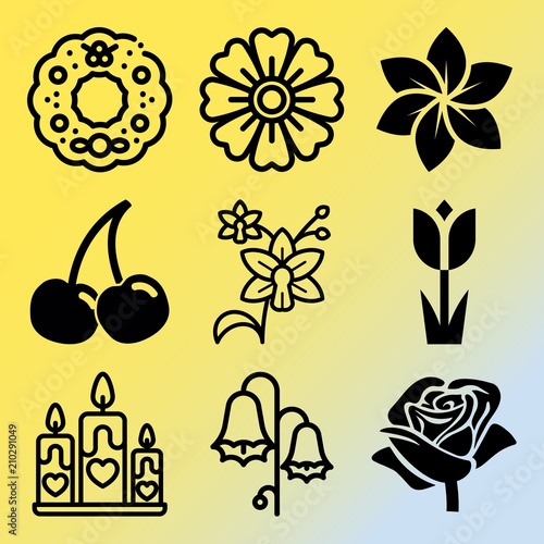 Vector icon set about flowers with 9 icons related to dinner, dark, organic, gift and food