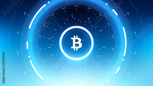 Bitcoin Cryptocurrency Futuristic Sci-Fi Technology Circular HUD Background Illustration. Worldwide Digital Money Blockchain System