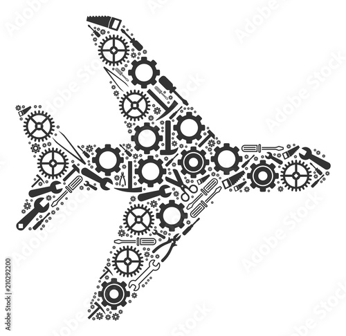 Air plane collage of service instruments. Vector air plane icon is done from cogs, wrenches and other mechanics objects. Concept of mechanic service.